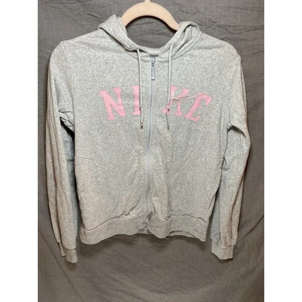 Nike Sweater Girls 8/10 Medium Grey Pink Full Zip Swoosh Hoodie‎ Kids Youth
